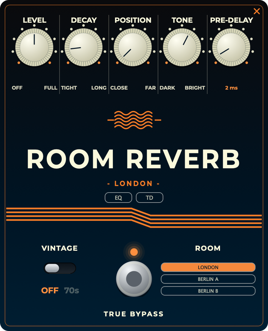 The ROOM reverb pedal with LONDON and BERLIN voicings