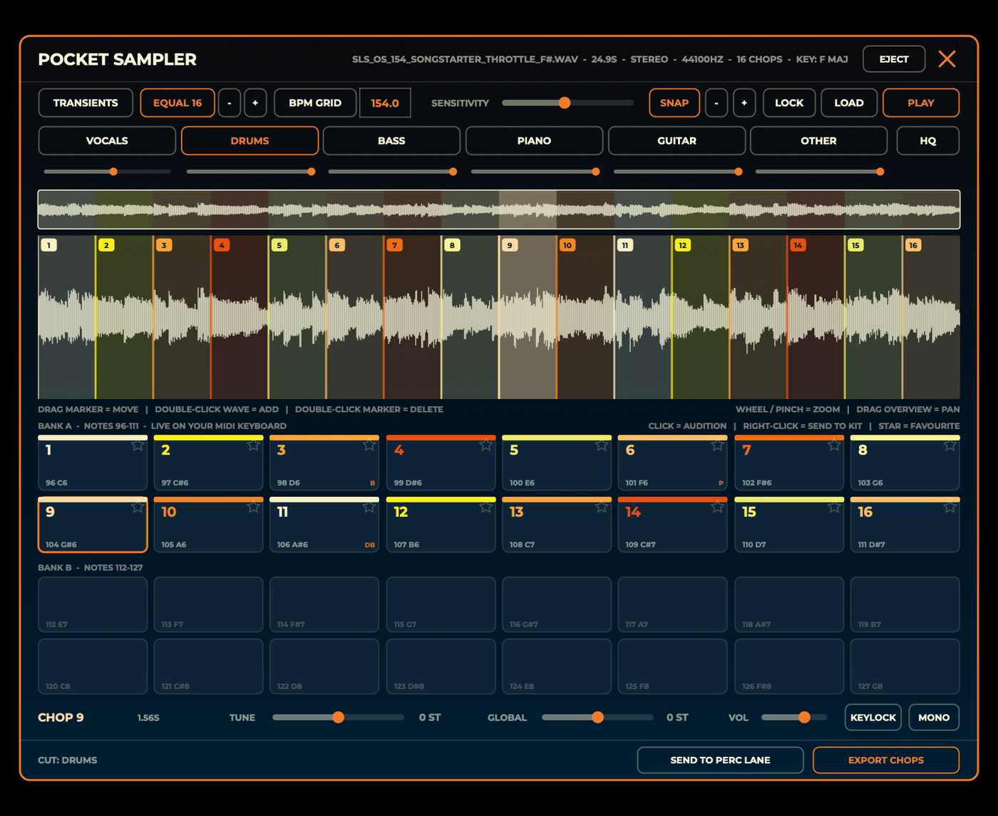 The Pocket Sampler with a break split into stems: DRUMS cut from the mix and pads carrying their own stem mixes