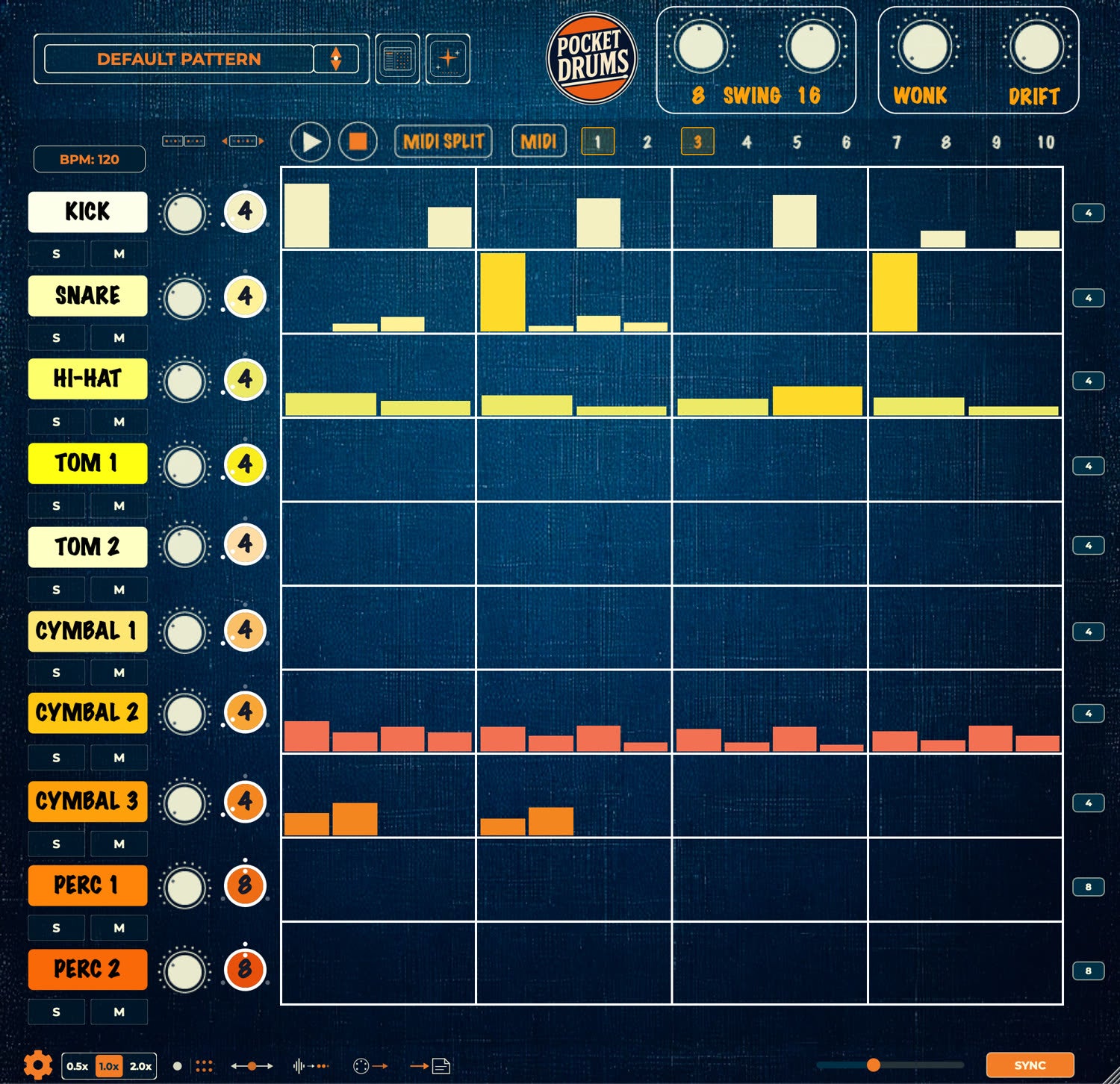 The sequencer with a factory beat loaded across ten lanes
